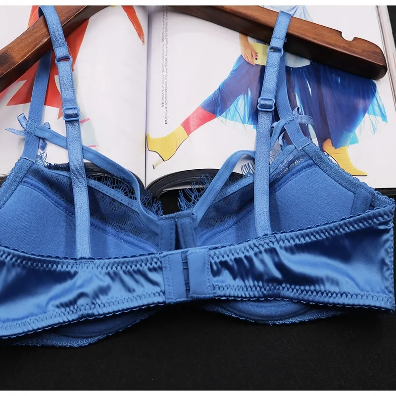 New Luxury Blue Bra Set Women Sexy Eyelash Lace Hollow Out Strappy Satin Glossy Lingerie Sets Ladies Elegent Underwear Thin ABC
