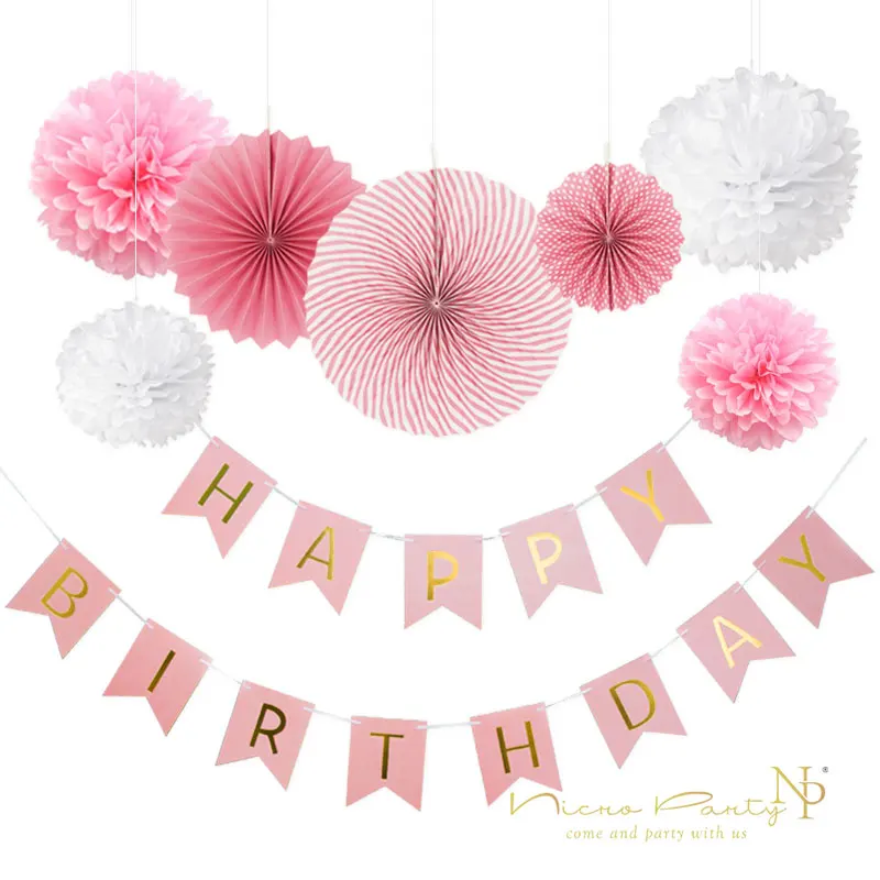 Hot Sale Nicro 8pcs Diy Pink Birthday Banner Flower Paper Fan Set
