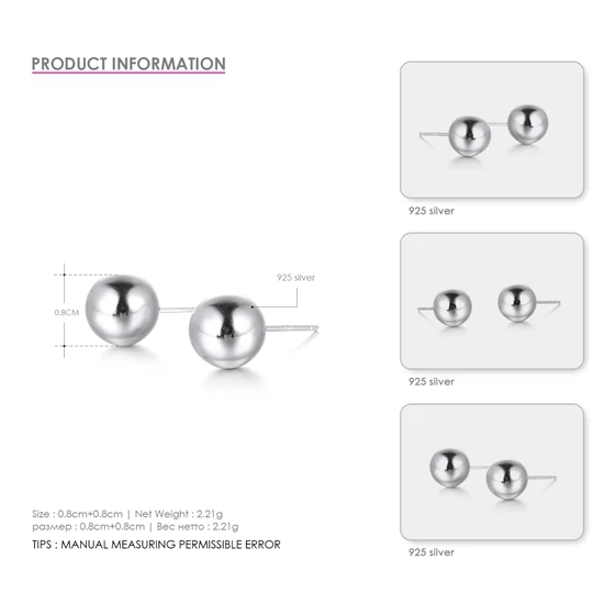E-манко 925 посеребренные серьги для Для женщин стерлингового серебра тонкие серьги ювелирные изделия 3-8 мм серьги из бисера femme подарок - Окраска металла: EMER003-1 Silver 8MM