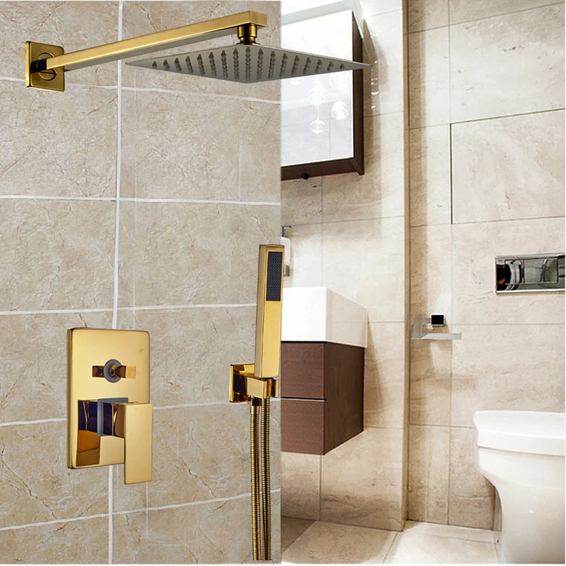 

Golden Wall Mount 8" Ultrathin Showerhead Bathroom Shower Mixer Faucet Single Handle 2 Ways Mixer Valve