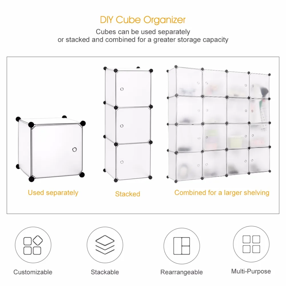 LANGRIA белый 16-куб блокируя модульный органайзер для хранения стеллажи Системы гардероб шкаф для одежды шкаф с дверцами, для домашней одежды