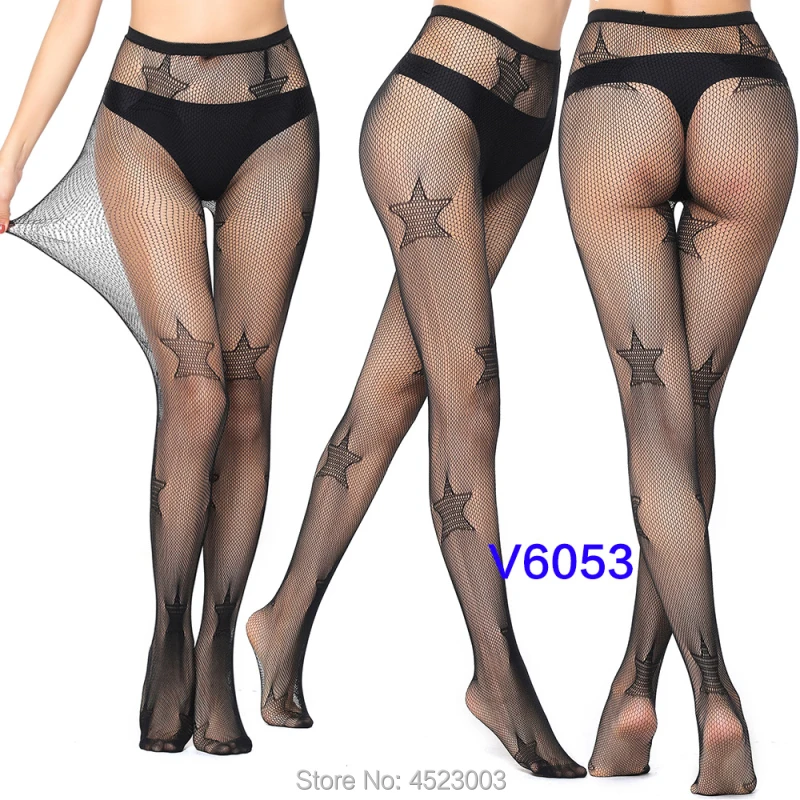 Women Tights Stockings Female Thigh High Fishnet Embroidery Transparent Pantyhose Lady Black Mesh Hosiery - Цвет: V6053