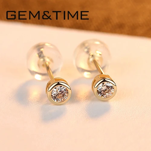 Gem&Time Solid 14k Gold Round Stud Earrings for Women Sunlight Birthstone Wedding Yellow Gold Au585 Fine Jewelry Brincos E14115 - Цвет камня: Золотой