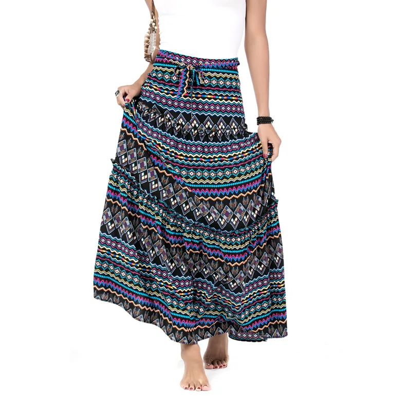 

2019 Casual Women Skirts High Waist Printed A-Line Beach Party Skirt Print Female Long Maxi Skirt