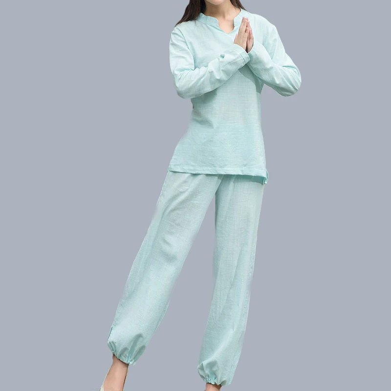 

New Spring Summer Cotton Linen Women 2 Piece Set Female V-Neck Long sleeve Tops and Long Pants Solid color Casual Suit HY568