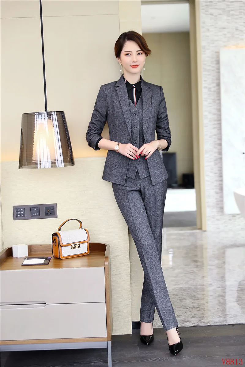 Gilet Costumes Blazers Ensembles 2019 Gris Dames Veste Pantalon Nouveau Formelle Élégante De 3 Femmes Et D'affaires Blazer Pièce 6CXYqT