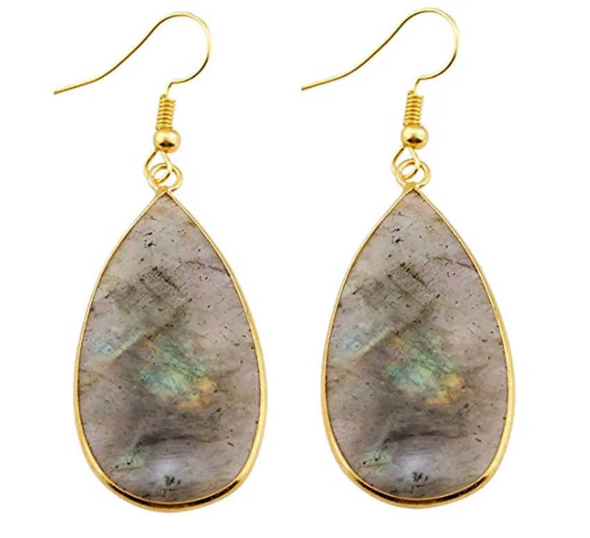 

FYJS Unique Light Yellow Gold Color Labradorite Stone Water Drop Earrings Summer Style Jewelry