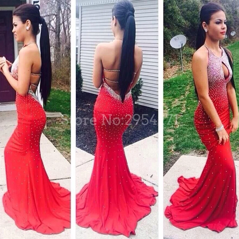 

2019 Red Mermaid Prom Dresses Halter Front Keyhole Backless Crystals Guest Gown 2017 Long Cheap Maid Of Honor Dresses