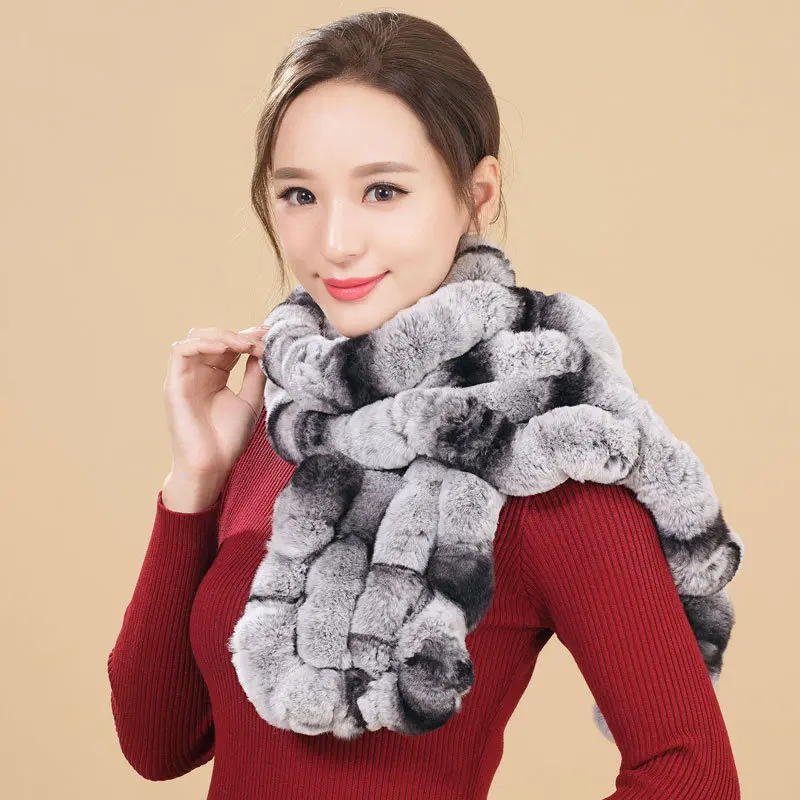 

ZDFURS* High Quality Fashion Womens Knitted Rex Rabbit Fur Scarves Natural Fur Neckerchief Winter Real Fur Long Wraps