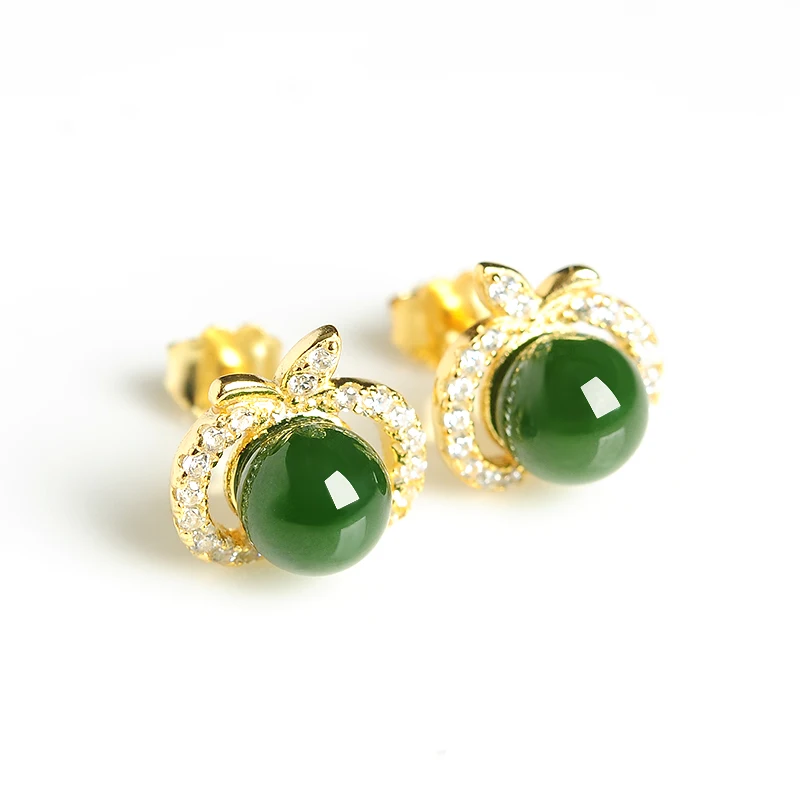 Natural Women'S Fine Jewelry 925 Silver Inlaid Authentic A Goods Jade Apple Earrings Abp1650 Free Shipping | Украшения и