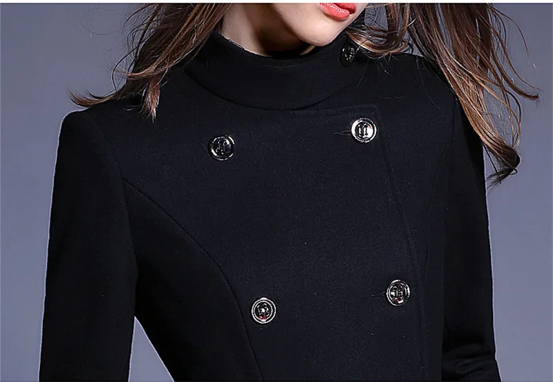 Женское шерстяное пальто зима большой размер двубортная кашемировая куртка средней длины тонкая черная Женская шерстяная Верхняя одежда DD0818