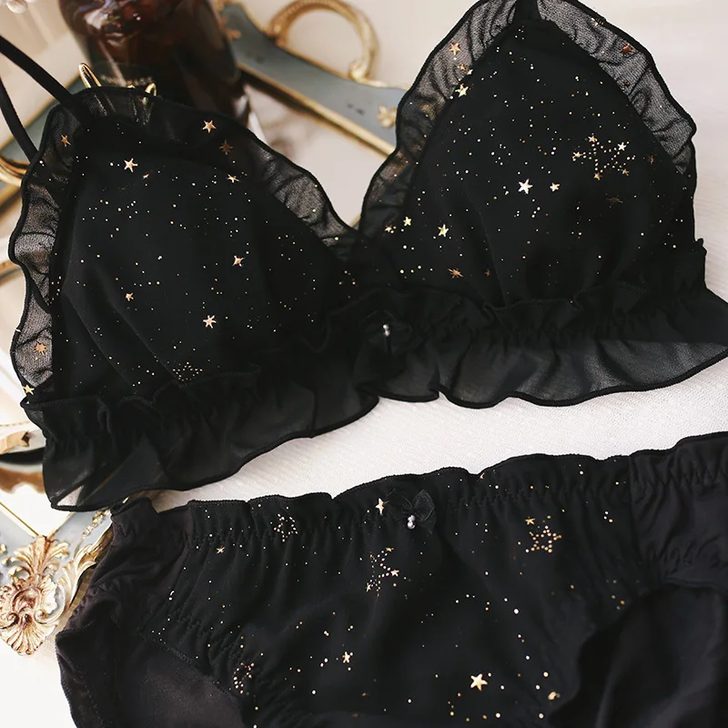 

Women Lace Bra Set Wireless Bra Lace Bralette Sexy Lingerie Set Mesh Bra Brassiere Lolita Kawaii Star Women Underwear Set