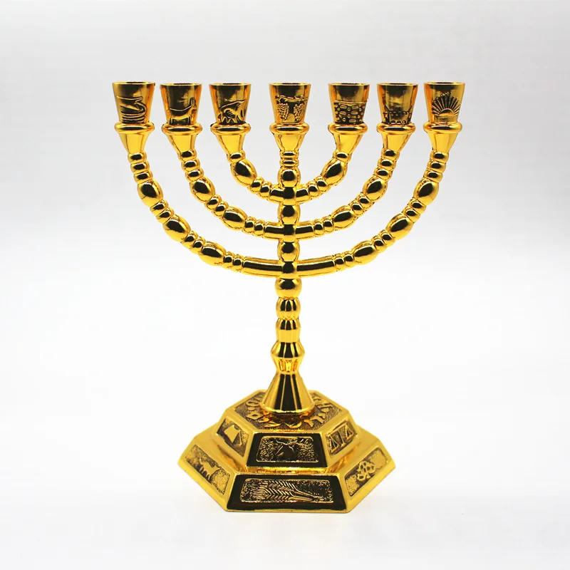 Позолоченный держатель Menorah 7 ветка 12 племен Jerusalem Judaica 4,7 дюймов