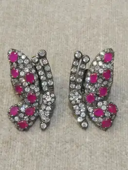 

Vintage Natural semi-precious stone butterfly stud earring 925 sterling silver red green color fashion women jewelry