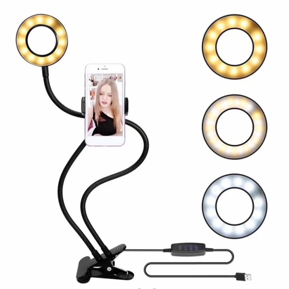 

USB Charging Power LED Selfie Ring Filling Light With Mobile Phone Clip Holder Lazy Bracket Desktop Clamp Eye Care Lamp