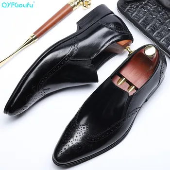 

QYFCIOUFU Fashion Business Men Formal Shoes Pointed Toe Slip On Men Dress Shoes Genuine Leather Office Shoe Vintage Brogue Shoes