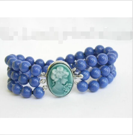 

Beautiful 3row nature round lapis lazuli Bracelet cameo e SHIPPING 5.26