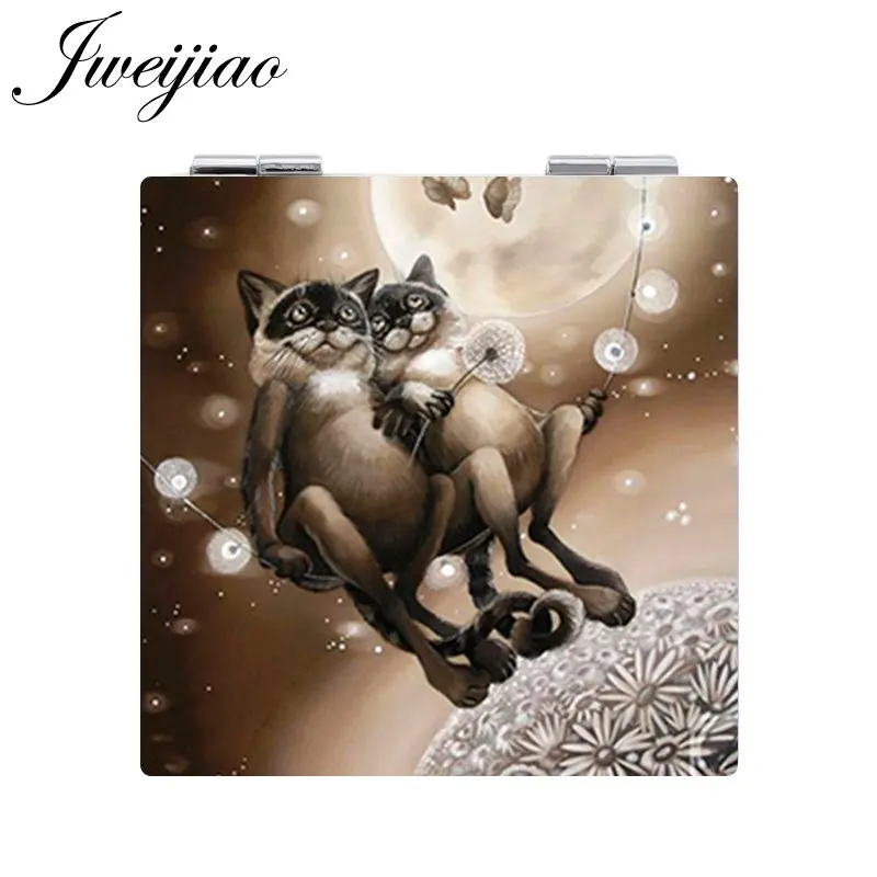 JWEIJIAO карманное зеркало с изображением кота, изображение милых животных, косметическое зеркало, мини-складное квадратное 1 х/2 х увеличительное зеркало из искусственной кожи - Цвет: E182