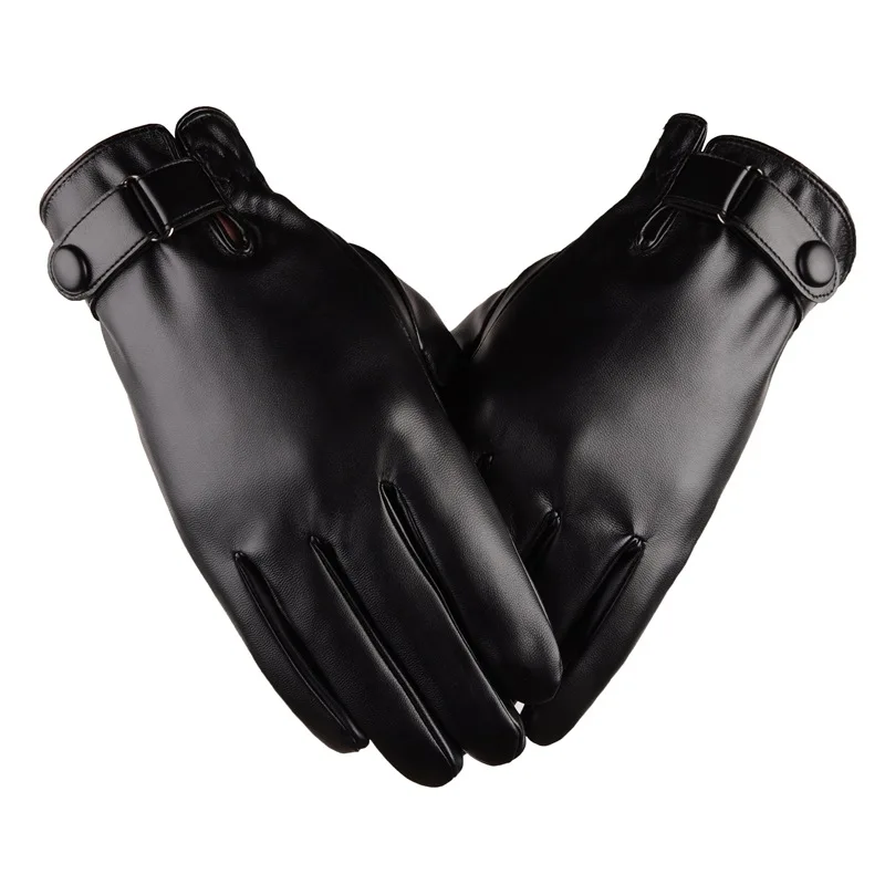 

Black Men Thicken PU Leather Gloves Fashion Winter Outdoor Solid Windproof Gloves Male Adjustable Cuff Warm Inner Gloves