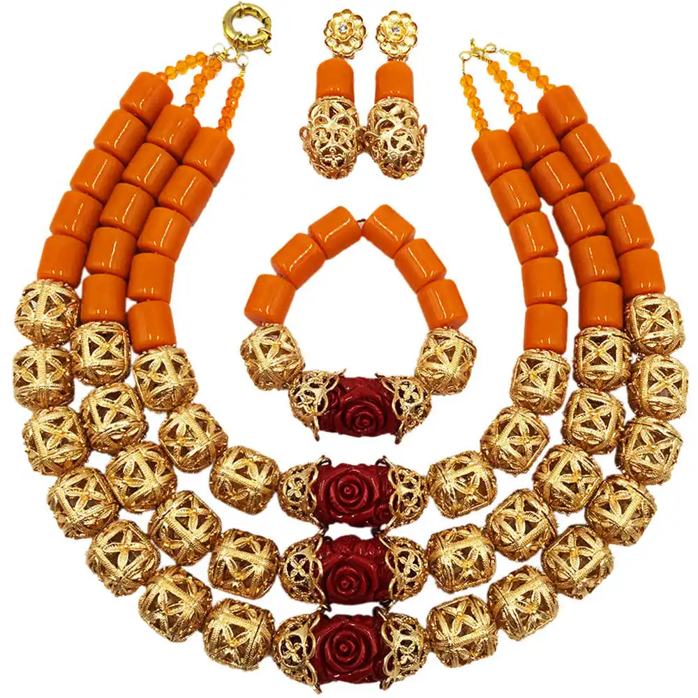 

Fashion Orange Artificial Coral Beads African Necklace Jewelry Set Nigerian Wedding Jewelry Sets FSH-012