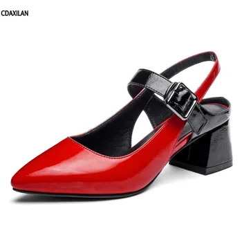 

CDAXILAN new arrivals sandals women red beige patent leather black front rear strap buckle square middle heel ladies party shoes