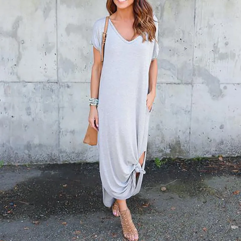 New Women Solid Maxi T Shirt Dress Short V-Neck Asymmetrical Party Casual Dress Vintage Boho Split Loose Long Beach Dresses Dresses