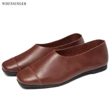 Whensinger-Элегантная модная женская обувь на плоской подошве с квадратным носком; лоферы из натуральной кожи; повседневная обувь на плоской подошве