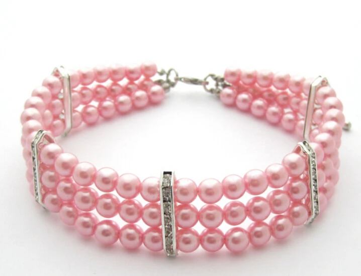 

Three-row Lovely Puppy Collar Necklace Elastic Dog Pearl Collar with Rhinestonet