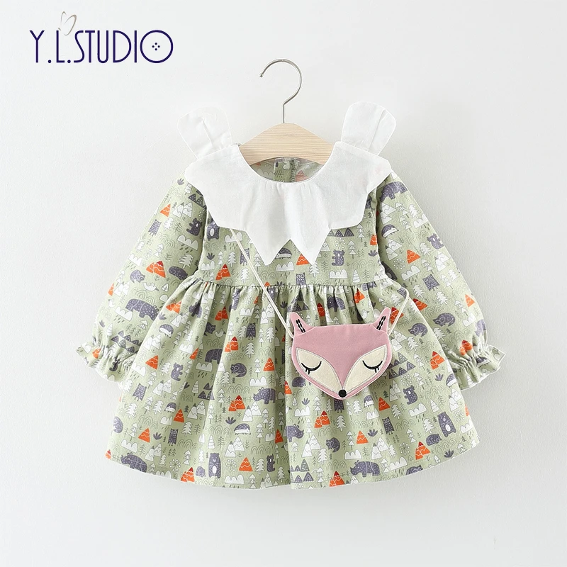 

Cute Baby Girls Dresses For Winter Autumn Spring Printed Long Sleeve With Bag Toddler Girls Dress 1 2 Year Baby Clothing