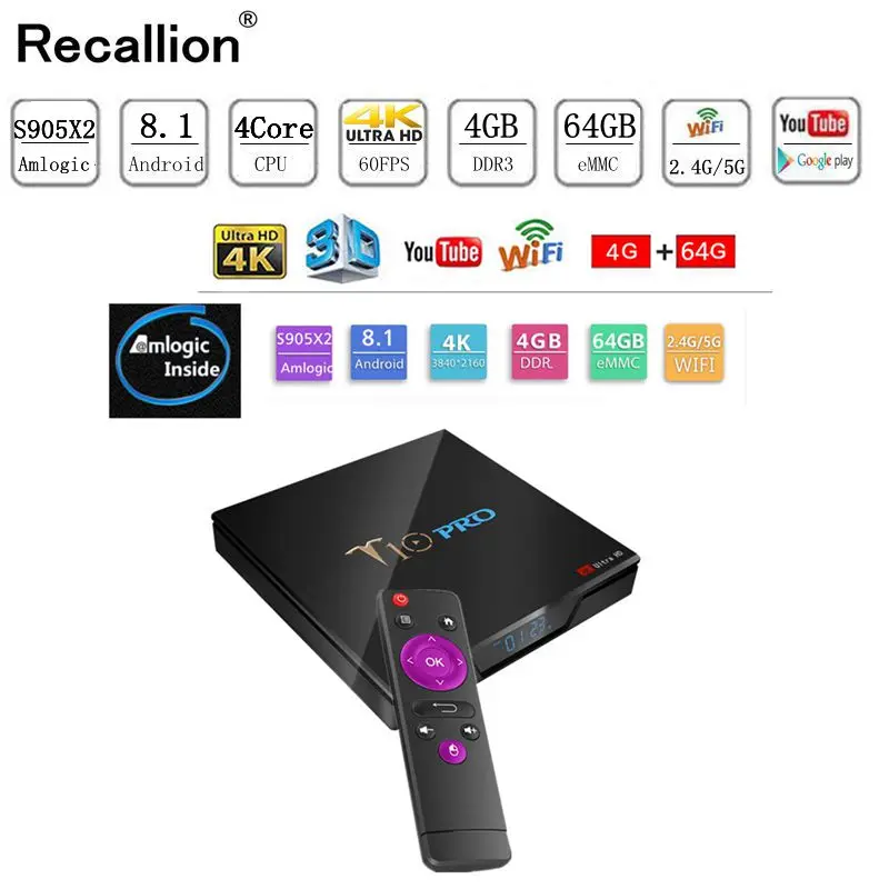 

RECALLION T10 PRO Android TV BOX Amlogic S905x2 4G/64G Smart TV Box 2.4G+5G WIFI Bluetooth 100M LAN Set-Top Box