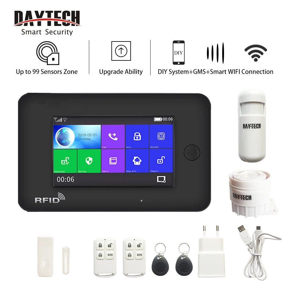 

DAYTECH WiFi GSM Security Alarm System Touch Screen 433MHZ PIR Montion Detector RFID Smoke Sensor Alert DIY Home Security System