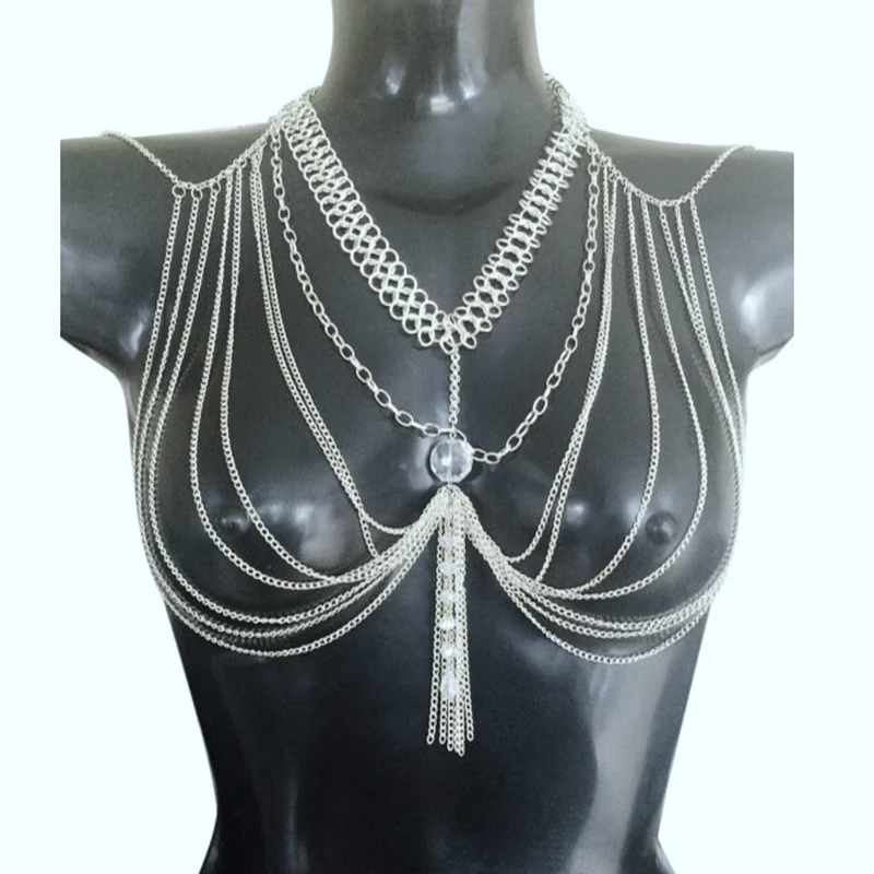 Золотое/серебряное удерживающее нижнее белье сексуальное Showgirl наплечное ожерелье экзотический лифчик цепочка упряжь раба полная цепь украшения