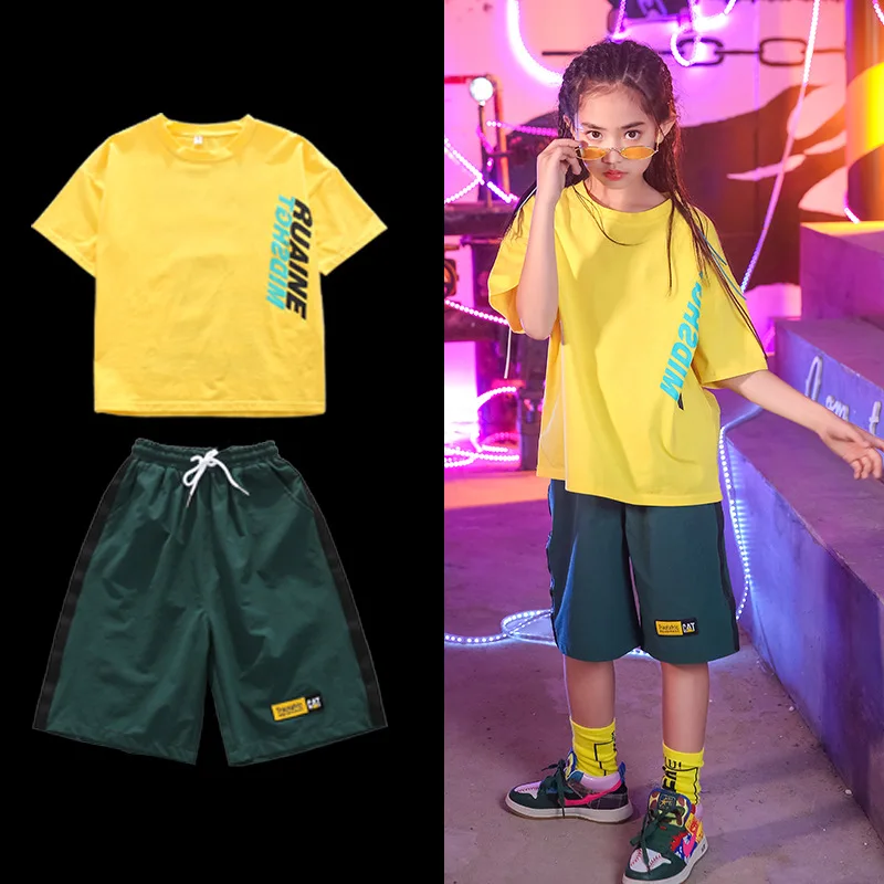 Children Hip Hop Dance Costumes Kids Street Dance Clothing Yellow Tshirt Green Shorts Girls Dancewear Stage Outfit (2)
