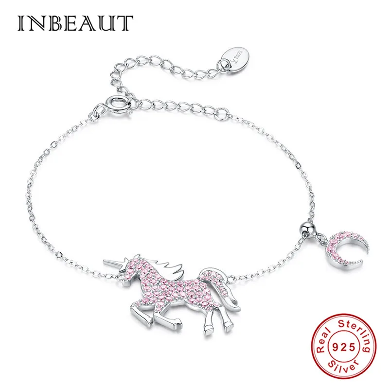 INBEAUT 925 пробы Серебряный Розовый CZ браслет с единорогом Настоящее S925 штамп Циркон луна фея летающие Подвески в виде животных цепь