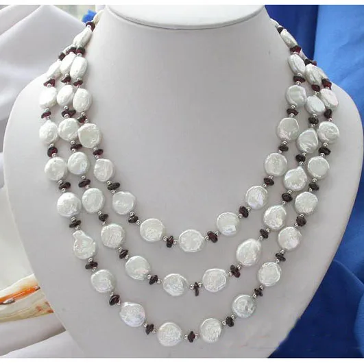 

Fashion Pearl Jewellery,3Rows 4-12mm Garnets White Coin Freshwater Pearl Necklace,Perfect Women Chirstmas Gift Jewellery