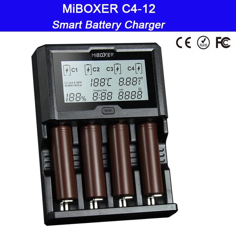 

Miboxer C4-12 12A 4 Slots LCD Screen Smart Battery Charger for Li-ion/Ni-MH/Ni-Cd/LiFePO4 18650 14500 26650 AAA AA battery