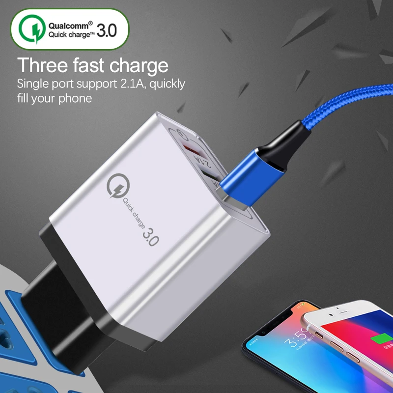 Универсальное настенное зарядное устройство 18 Вт с 3 USB портами и быстрой