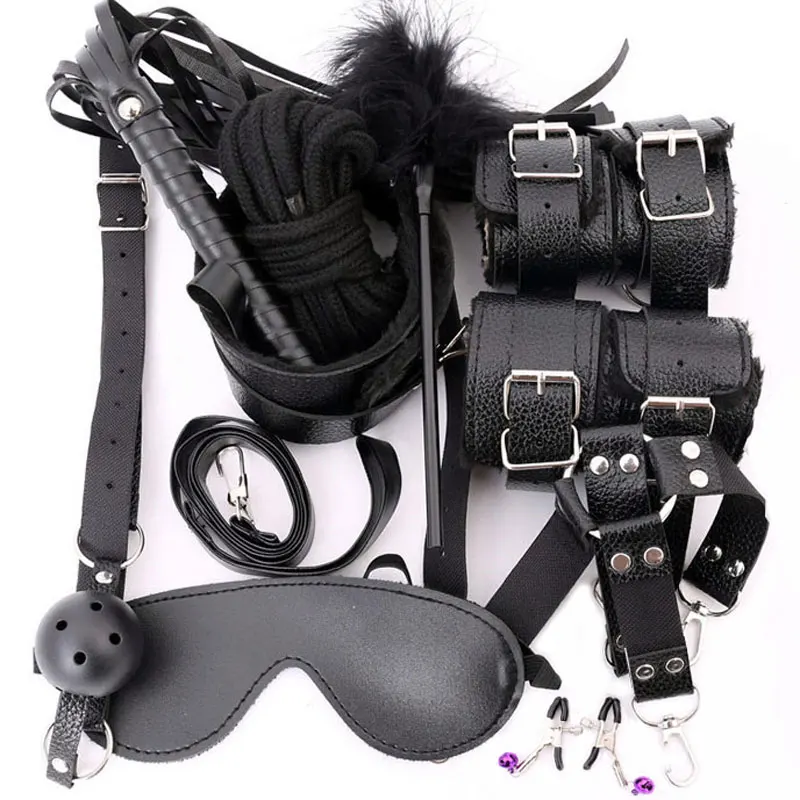 Cena 10 sztuk zestaw Sexy bielizna PU Leather Sex kajdanki bdsm Bondage zestaw Footcuff gag Whip Rope Blindfold erotyczne zabawki erotyczne dla dorosłych
