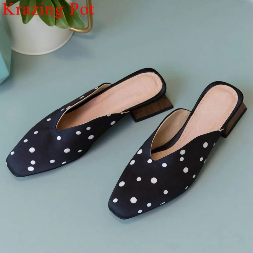 

European model style graceful loady wood low heels polka dot natural leather slip on mules square toe high quality pumps L01