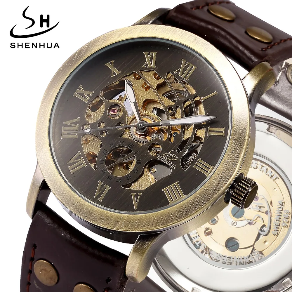 

SHENHUA relogio masculino Mens Automatic Wristwatch Mechanical Skeleton Male Watches Men Vintage Bronze Clock montre homme