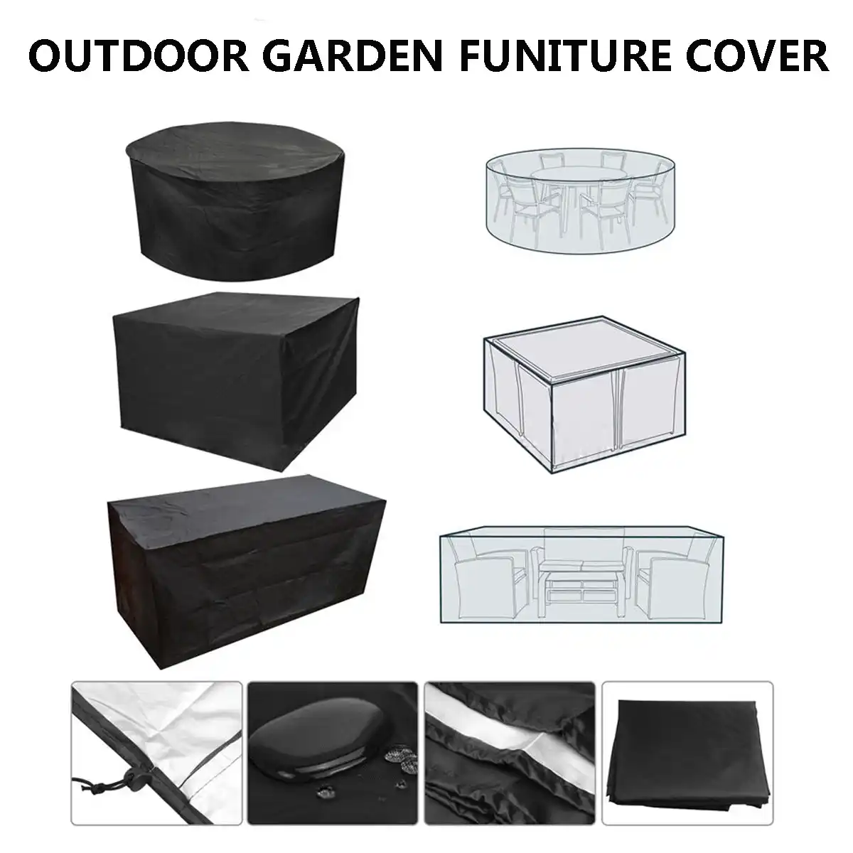 Black Garden Patio Waterproof Furniture Cover Set Table Bench Cube Garden Patio Waterproof Furniture Cover