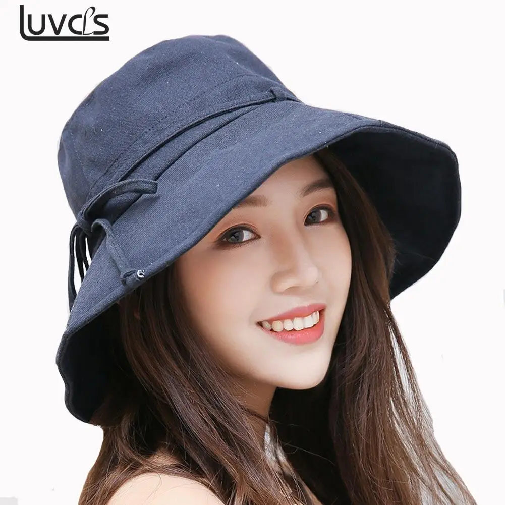 Summer Bucket Hat Women Cotton Linen Wide Large Brim Caps With Bow