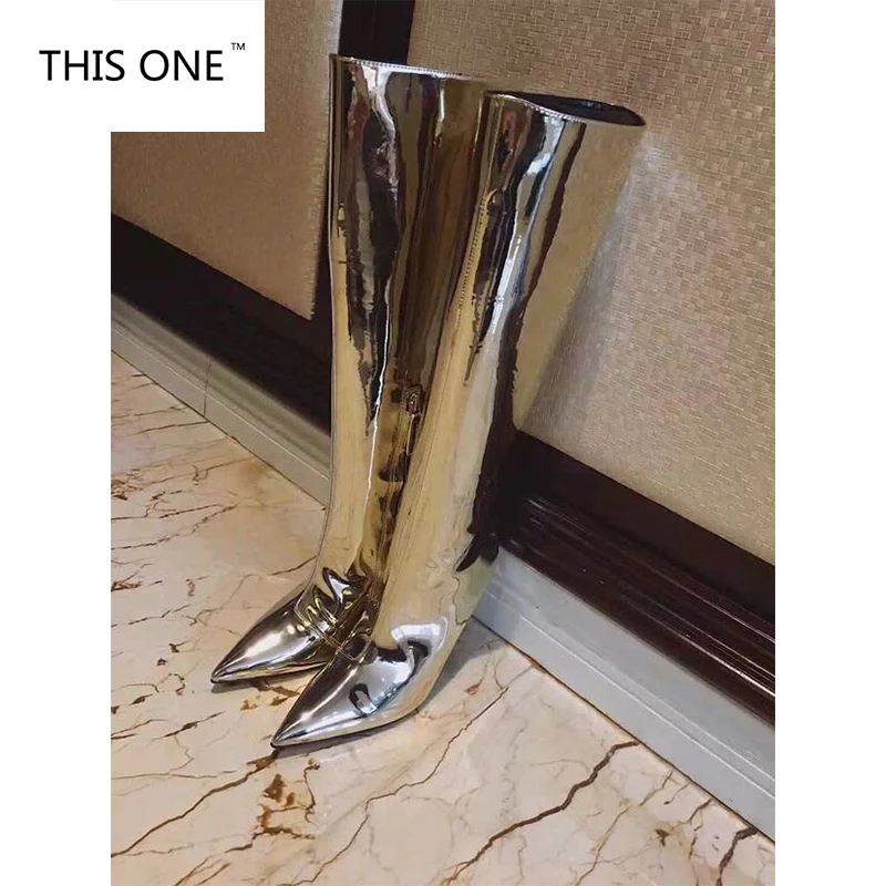 Kopen Vrouwen Puntschoen Laarzen Spiegel Effect Laarzen Slip Op Sliver Patent Leather Laarzen Metallic Lederen Schoenen Plus Size 35 48