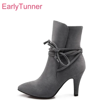 

Brand New Autumn Sexy Black Gray Women Ankle Dress Boots Fashion Spike Heels Lady Party Shoes EH112 Plus Big Size 10 33 43