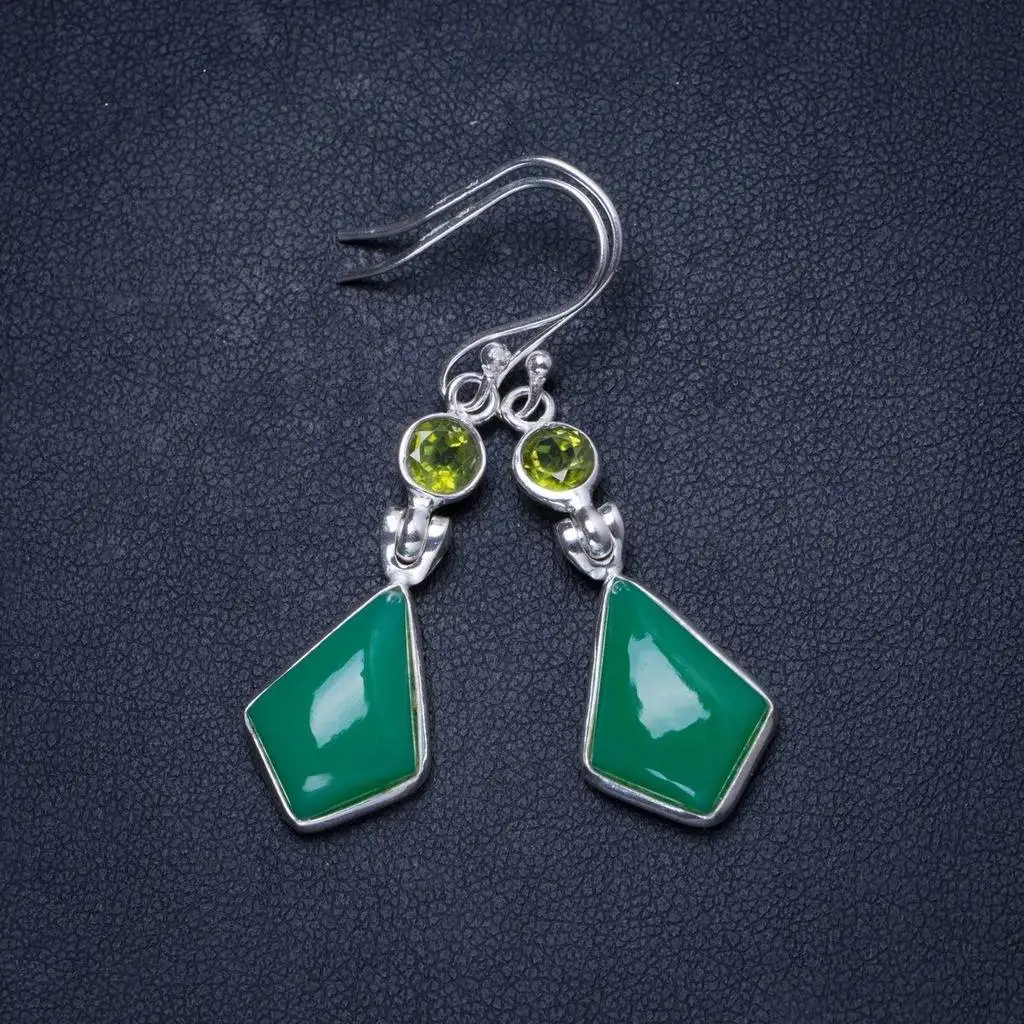 

Natural Chrysoprase and Peridot Handmade Unique 925 Sterling Silver Earrings 1.75" X3580