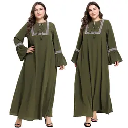 Для женщин длинное платье Абая, для мусульман Яркая вышивка, рукава Кафтан Исламская халат платье этнические платья на завязках свободные