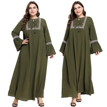 

Women Long Dress Abaya Muslim Embroidery Flare Sleeve Kaftan Islamic Robe Gown Ethnic Drawstring Dresses Loose Ankle-Length New