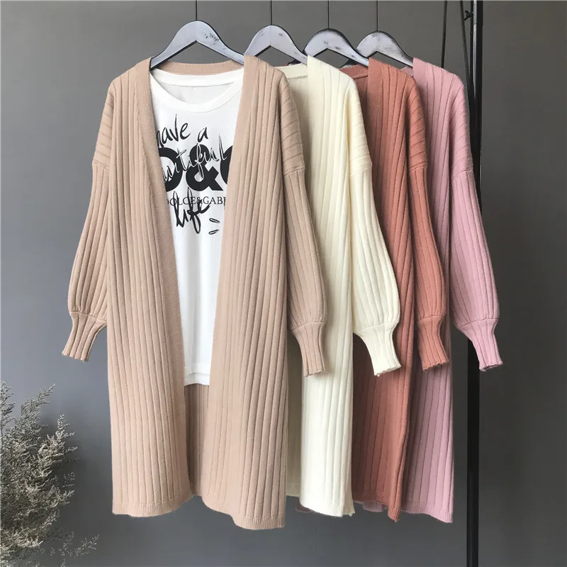 

High Elasticity Solid Knit Female Cardigan Autumn Winter Long Sweater Women V-Neck Lantern Sleeve Loose Knitted Feminine Coat