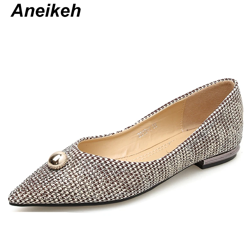 

Aneikeh 2019 Concise Pointed Toe Metal Decoration Women Flat With Heel Slip-On Solid Daily Party Comfortable Shoes Shallow