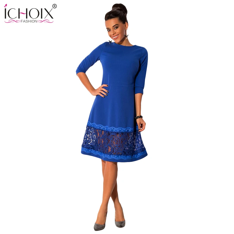 ICHOIX Новое Осеннее женское модное платье большого размера с О-образным вырезом и длинным рукавом, кружевное платье для девушек размера плюс, модные платья